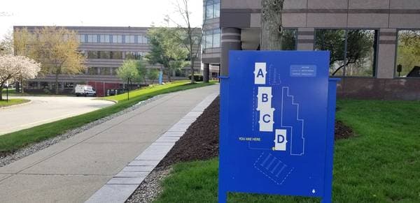The BLUE sign on the lawn