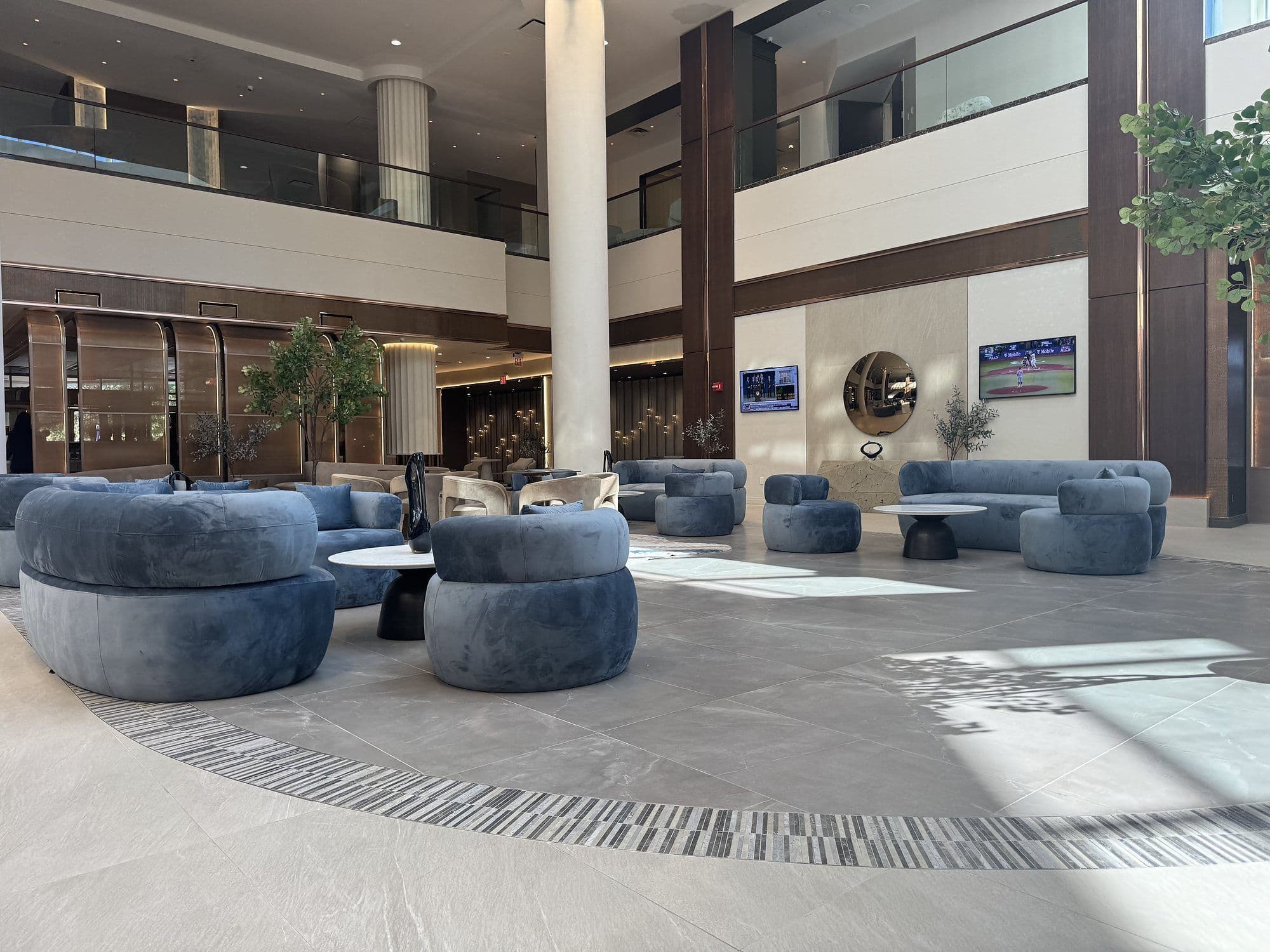 The lobby lounge at World of Blue, under the atrium skylight